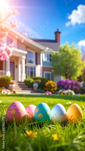 Close-up of Easter eggs in a grassy yard in front of a house, bright sunny day, with a clear blue sky