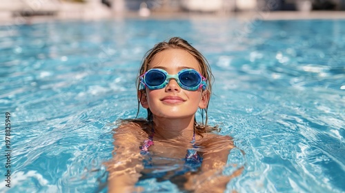 Girl Smiles and Swims With Goggles in Bright Blue Pool Water During Sunny Day