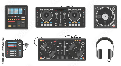 DJ equipment with headphones and controller.