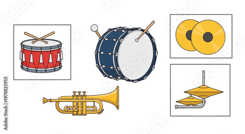 Musical Instruments Drums Trumpet Cymbals.