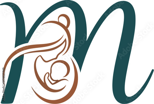 Artistic logo design featuring a stylized letter m combined with the elegant line art of a caring mother holding her newborn baby in warm tones