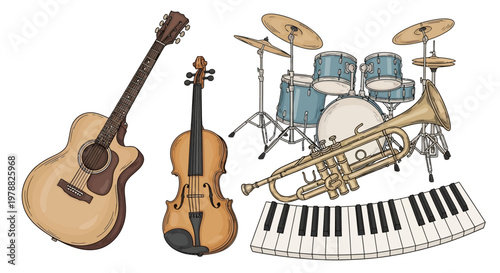 Musical Instruments Group Displayed Together.
