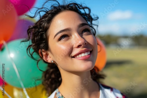 Young Woman Smiles While Holding Colorful Balloons on a Sunny Day Outdoors Wi...