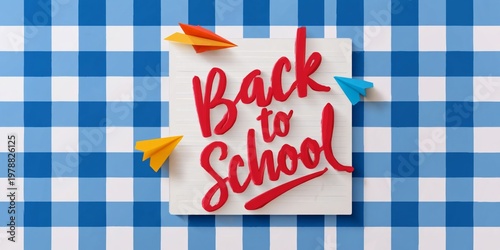 Back to School Sign With Paper Airplanes on Blue Checkered Background