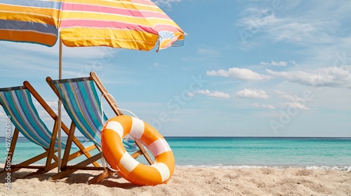 Bright Beach Scene With Umbrella and Chairs Near the Water in a Sunny Location
