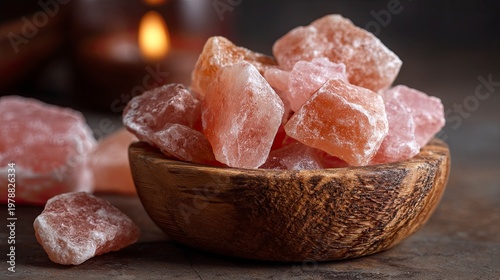Rosy Pink Himalayan Salt Crystals in Wooden Bowl on Dark Rustic Surface