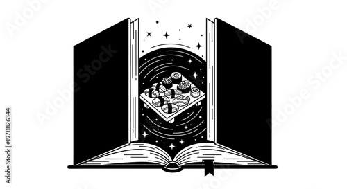 Open book with magical swirling portal.