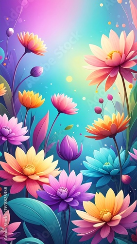 Vibrant floral artwork featuring many colorful blossoms in full bloom against a rainbow-hued background