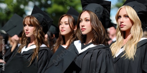 Students Sit Together During Graduation Ceremony Wearing Black Caps and Gowns
