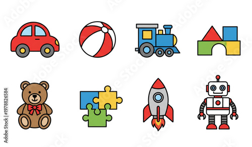 Children toys collection vector with car train teddy bear blocks and puzzle minimal design