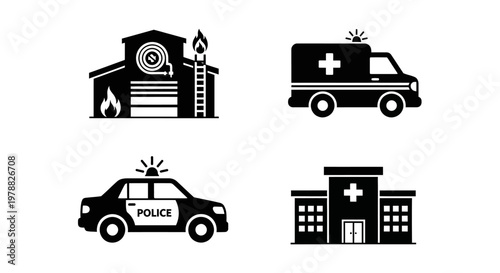 Emergency services icons including a hospital police car and ambulance silhouette