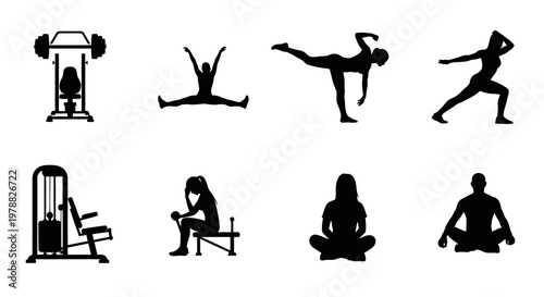 Fitness equipment and people in dynamic poses a black silhouette