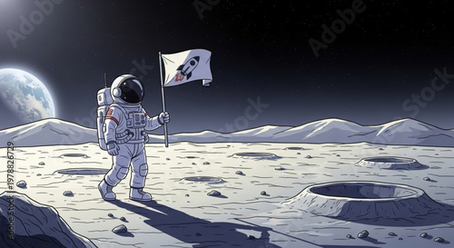 Ultra-realistic cartoon astronaut strolling across the moon holding a small flag.