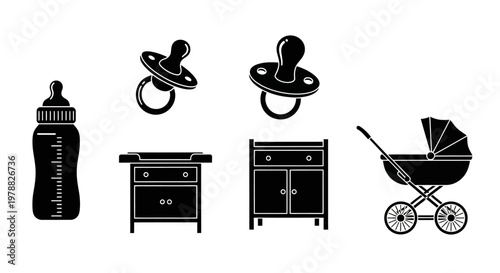 Baby items including bottles furniture and a stroller silhouette