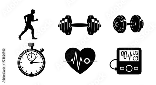Fitness icons depicting exercise health and time a black silhouette