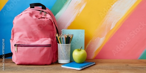 Backpack With School Supplies and Colorful Wall in a Study Area During the Day