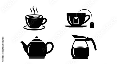 Black beverage icons featuring coffee tea and teapots silhouette