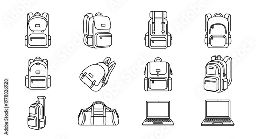 Variety of backpacks duffel bags and laptops in linear silhouette