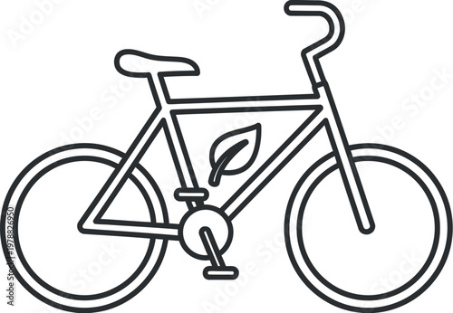Minimalist line art graphic of a bicycle with a small green leaf icon inside the frame representing eco friendly transportation and sustainable urban commuter travel