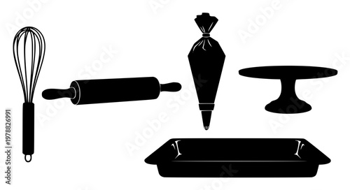 Bakery Tools Vector Icons – Rolling Pin, Whisk, Piping Bag, Cake Stand
