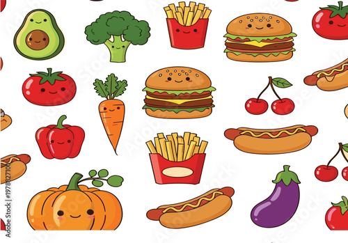 Cute food and vegetables seamless pattern with burger fries hotdog fruits and veggies cartoon vector illustration repeat background isolated on white
