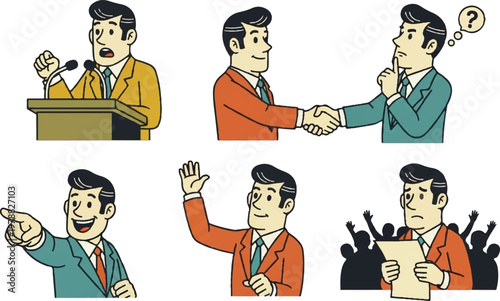 Businessman icons set public speaking handshake thinking pointing waving disappointment