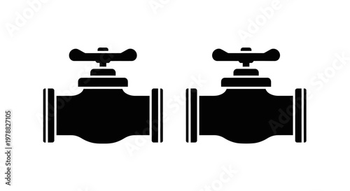 Two industrial valves depicted in a stark black silhouette