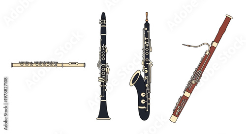Four different musical woodwind instruments displayed.