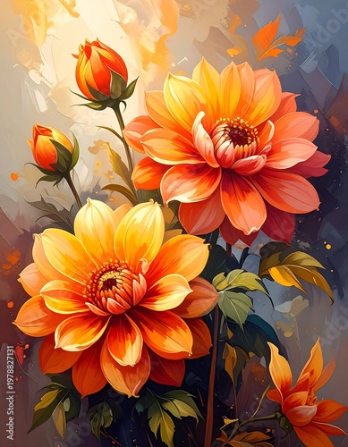 Vibrant illustration of blooming orange flowers, with buds and green stems against a blurred background, illuminated by sunlight