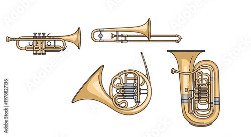 Brass musical instruments in gold color.