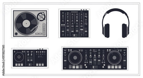 DJ equipment with turntable and mixer.