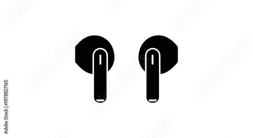 Wireless earbuds depicted in a stark black graphic silhouette