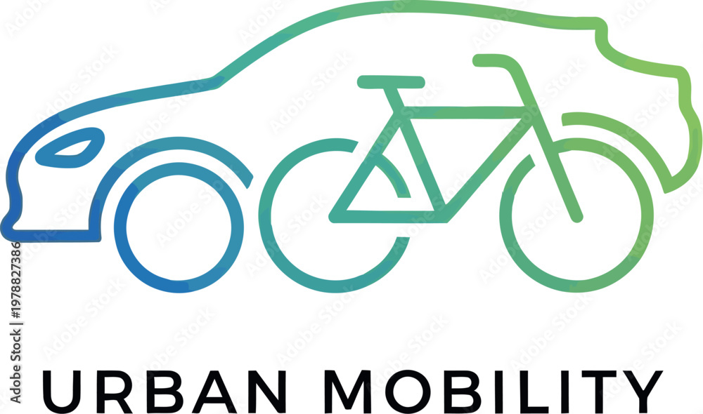 Fototapeta premium Minimalist logo design featuring a combined car and bicycle silhouette with a vibrant blue to green color gradient representing modern sustainable transportation and city travel solutions.