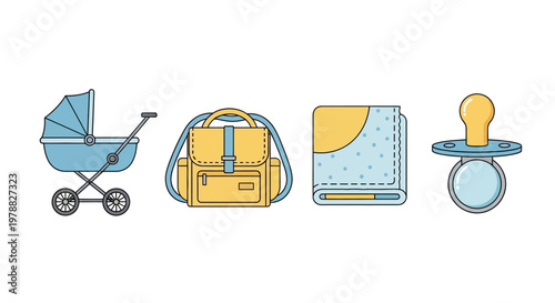 Baby stroller and pacifier with bag.