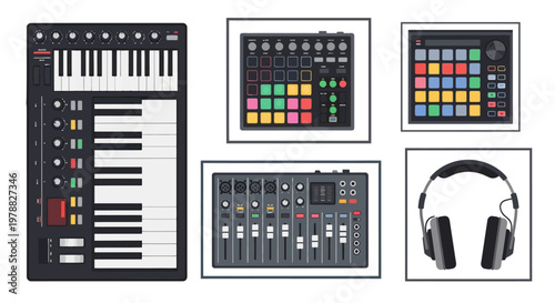 Electronic music production studio equipment set.