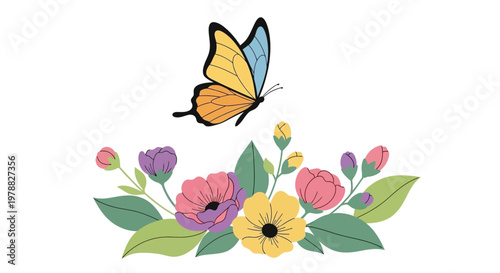 Colorful butterfly flying over flowers.
