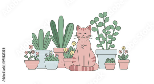 Pink Cat Sitting Among Potted Plants.