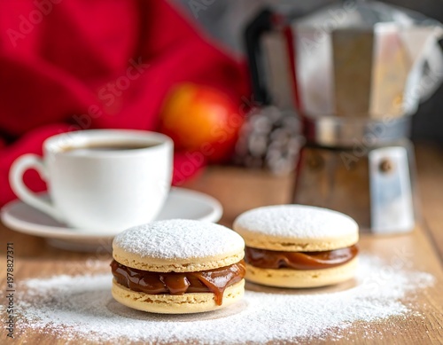 Close-up of two meringue cookie sandwiches filled with caramel and dusted with powdered sugar, coffee, and coffee maker