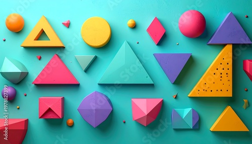Colorful Geometric Shapes Arranged on a Turquoise Background.