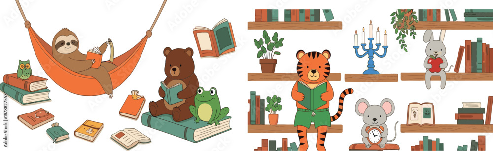 Fototapeta premium Set of Cute Vector Animals Including Sloth, Bear, Rabbit, Mouse, and Tiger Reading Books in a Cozy Reading Space with Shelves and Plants