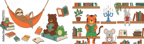 Set of Cute Vector Animals Including Sloth, Bear, Rabbit, Mouse, and Tiger Reading Books in a Cozy Reading Space with Shelves and Plants