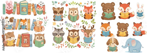 Set of Cute Vector Animals Including Rabbits, Owls, Foxes, Elephants, and More Reading Books with Flowers and Book Stacks