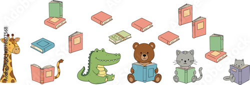 Set of Cute Vector Animals Including Giraffe, Crocodile, Bear, and Cats Reading Books in a Playful, Educational Theme