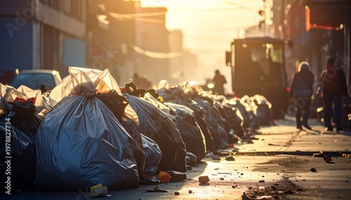 Overflowing trash bags line the city street during the golden hour.