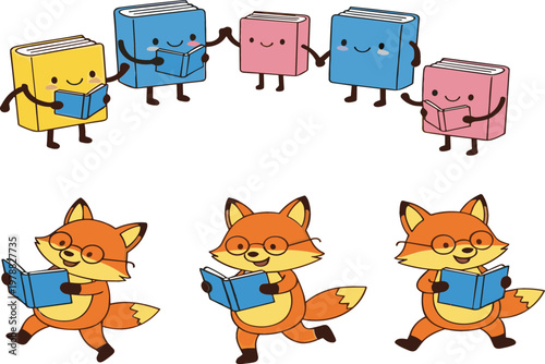 Set of Cute Vector Illustrations Featuring Books with Smiling Faces and Fox Characters Reading in Various Poses