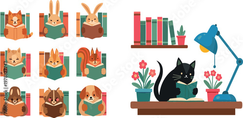 Set of Cute Vector Illustrations Featuring Animals Reading Books, Including Cats, Rabbits, Squirrels, and Hamsters with Bookshelves and Desk Deco