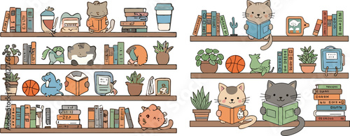 Set of Cute Vector Illustrations Featuring Cats, Plants, Books, and Fun Objects on Bookshelves, Perfect for Study and Cozy Themes