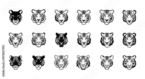 Set of twenty stylized tiger head icons.