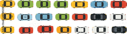 Set of Vector Illustrations Featuring Top View of Colorful Cars, Including Yellow, Green, Blue, Red, Taxi, and White Models
