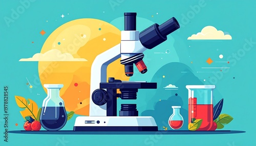 Illustration featuring a microscope central, flanked by beakers and flora, set against a stylized yellow sun and blue sky